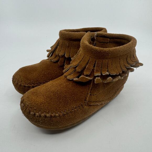 Minnetonka Double Fringe Side Zip Bootie Brown Suede Leather Little Kids US 5 - Picture 5 of 14